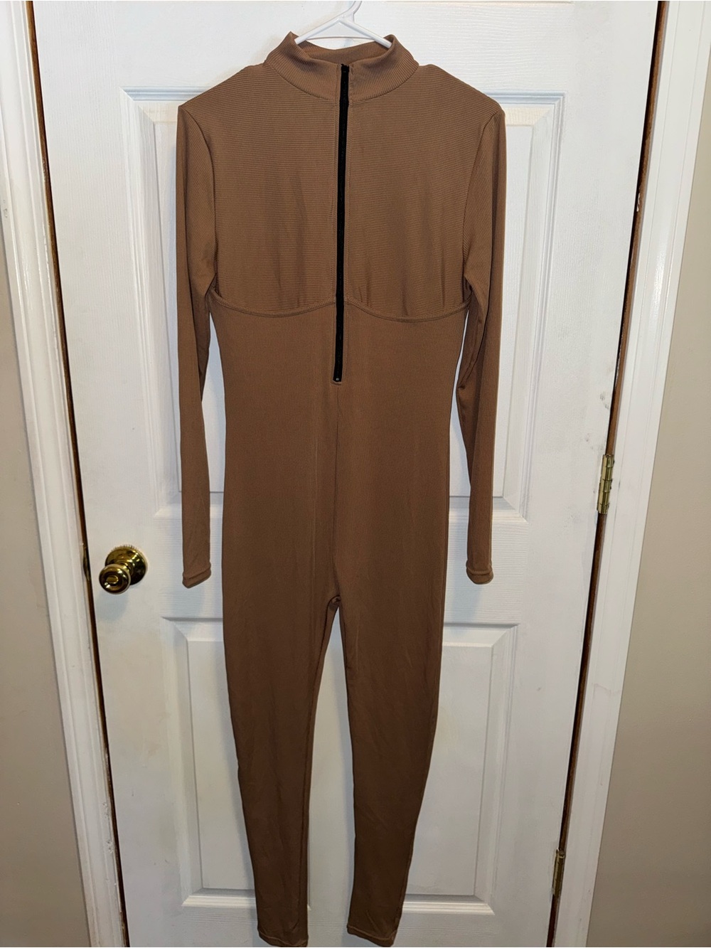 Women's Long-Sleeve Zip-Front Brown Jumpsuit